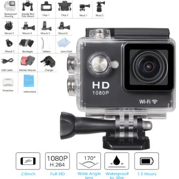 Mesqool 20 Inch Full HD 1080p 12MP WIFI Action Camcorder 170Wide-angle Glass Len Mini Waterproof Diving Sports Video Camera