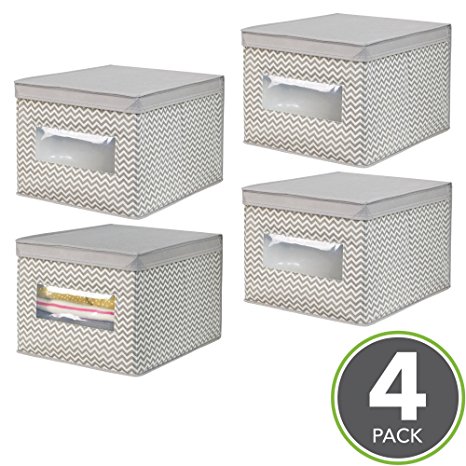 mDesign Fabric Closet Storage Organizer Box with Lid for Clothing, Shoes, Handbags, Jeans - Pack of 4, Large, Taupe/Neutral