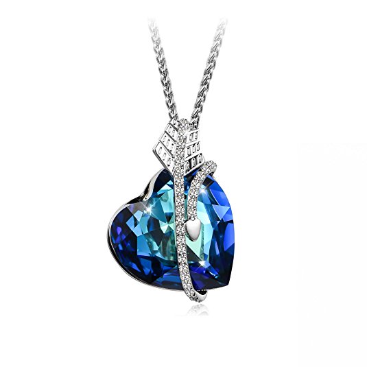 T400 Jewelers Valentine Gift Cupid's Arrow "Heart of Ocean" Blue Swarovski Elements Crystal Pendant Necklace, 18" 2"