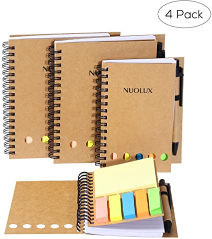 NUOLUX 4 Pack Spiral Notebook with Pen Sticky Lined Notes Page Markers Steno Notepad School Office Supplies
