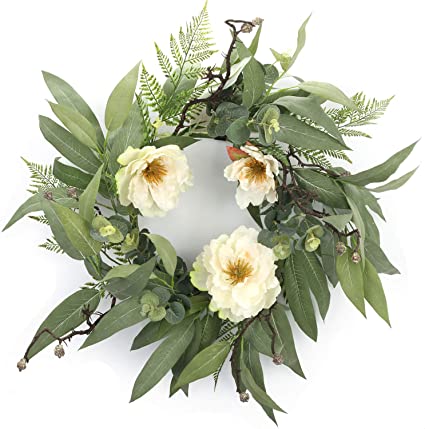Cloris Art Wreath for Front Door, 24 Inch Artificial Eucalyptus White Peony Wreath for Home Office Wedding Party Holiday, Spring Summer Farmhouse Decor