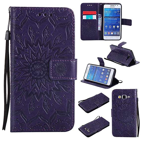 KKEIKO Galaxy Grand Prime Case, Galaxy Grand Prime Flip Leather Case [with Free Tempered Glass Screen Protector], Shockproof Bumper Cover and Premium Wallet Case for Galaxy Grand Prime (Purple)