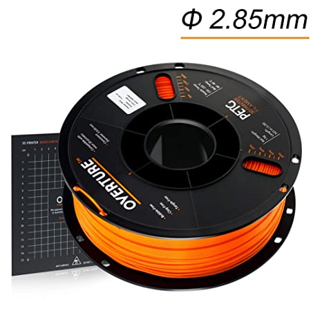 OVERTURE 2.85mm PETG Filament with 3D Build Surface 200mm × 200mm, 1kg Spool (2.2lbs), Dimensional Accuracy  /- 0.05 mm, 3D Printer Consumables Fit Most FDM Printer (Orange)