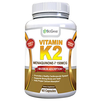 BioGanix Vitamin K2 MK7 (MenaQ7) for Maximum Bioavailability - Supports a Healthy Heart, Strong Bones and Teeth, Aids Proper Calcium Utilization - 150mcg Single Serving Supplement, 60 Capsules