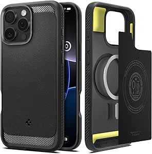 SPIGEN Rugged Armor MagFit for iPhone 16 Pro Max Case, Compatible with MagSafe Magnetic Ring, Air Cushion TPU Bumper Carbon Fiber Design Raised Edge Non-Slip Grip Cover - Black