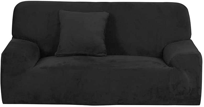 uxcell Velvet Plush Stretch Sofa Cover, Thicker Couch Slipcover for 1 2 3 4 Cushion, Stylish Furniture Protector Winter Covers with One Pillow Cover Black Medium