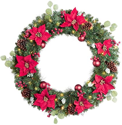 36 in Berry Bliss Battery Operated Mixed Pine LED Pre-Lit Artificial Christmas Wreath with Timer