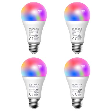 meross Smart Wi-Fi LED Bulb, Multiple Colors, RGB, 800 Lumens 60W Equivalent, Compatible with Alexa, Google Assistant and IFTTT, E26 A19 Light Bulb, No Hub Required - Upgrade Versions (4 Pack)