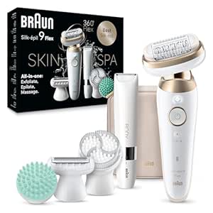 Braun Epilator Silk-épil 9 Flex SkinSpa, Hair Removal Device, 360 Flex and Pivoting Head, Wet and Dry, Includes Shaver Head, Trimmer Comb, Massage Pad, Exfoliation Brush and BodyTrimmer, SES9-481 3D