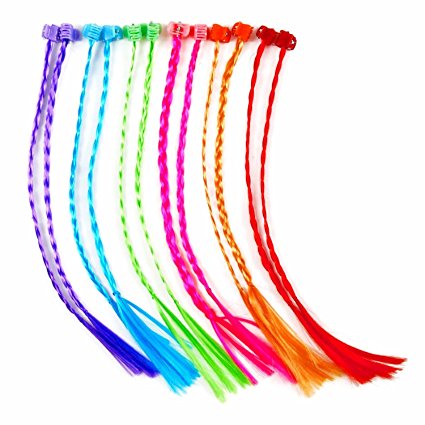 Lumiparty High Quality 11 Inches One Dozen Neon Nylon Braided Hair Extensions Attachments, Assorted Colors Nylon Clip Snap On Children Kit for Birthday Party Favors