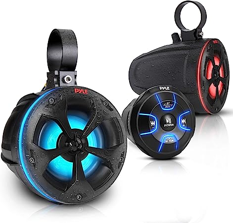 Pyle 2-Way Waterproof Off Road Speakers - 4" 800W Active Passive Marine Grade Wakeboard Tower RGB Speakers System w/Bluetooth Controller, Full Range Stereo Speaker for ATV/UTV Jeep Boat PLUTV48KBTR