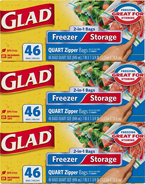 Glad Food Storage Bags, 2 in 1 Zipper, Quart, 138 Count