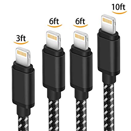 Muker Phone Charge Cable[4 Pack], (3FT 6FT 6FT 10FT) Nylon Braided Charger Cable Cord to USB Cable Compatible iPhone 8/X 7/7 Plus/6/6s/6 Plus/6s Plus, iPad Pro/Air/Mini, iPod (Black White)