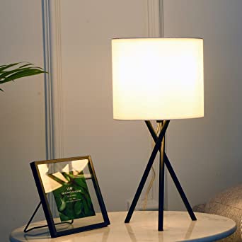 Modern Small Bedside Table Lamp - Black Desk Lamp for Living Room Bedroom with White Fabric Shade