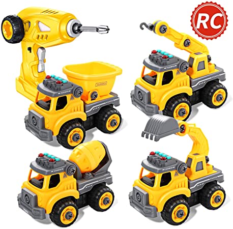 Take Apart Toys Remote Control Construction Truck for Boys, RC Car STEM Toy with Electric Drill for Toddlers