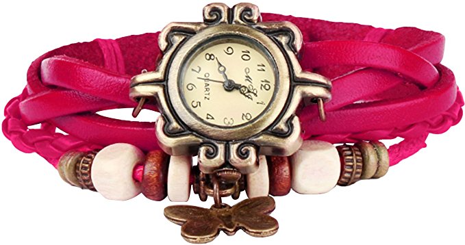 Bohemian Style [Retro] Handmade Leather [Butterfly Pendant] Wrist Watch. Beautiful, Fashionable [Luxury] & Stylish [Weave Around] Wrap Watch Bracelet For Women, Ladies, Girls- Rose