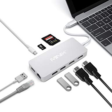 MINIX USB-C Hub Multiport Adapter with Dual HDMI output, 4K adapter, 3 USB 3.0 ports, Gigabit Ethernet port,USB-C Charging Port, Micro SD/SD card readers for Apple MacBook/MacBook Pro. (Silver)