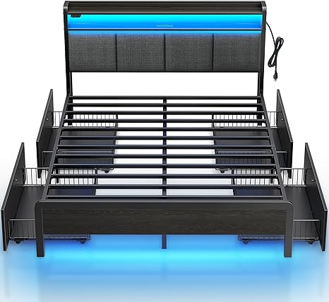 Rolanstar Bed Frame Full Size with Charging Station and LED Lights, Upholstered Storage Headboard with Drawers, Heavy Duty Metal Slats, No Box Spring Needed, Noise Free, Easy Assembly, Dark Grey