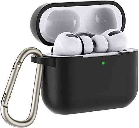 OMOTON Airpods pro case cover - Silicone Skin Protective Cover for Apple Airpods pro 2019 with [Front LED Visible] [Support Wireless charger], Black