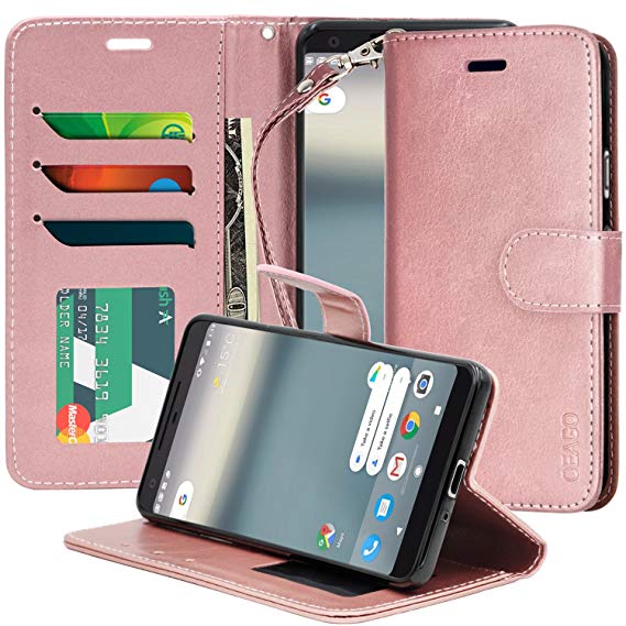 Google Pixel 2 Case, OEAGO Luxury Wallet Premium Leather Case [Stand & Hand Strap Feature] with ID & Credit Card Pockets Magnetic Flip Folio Case Cover for Google Pixel 2 - Rose Gold