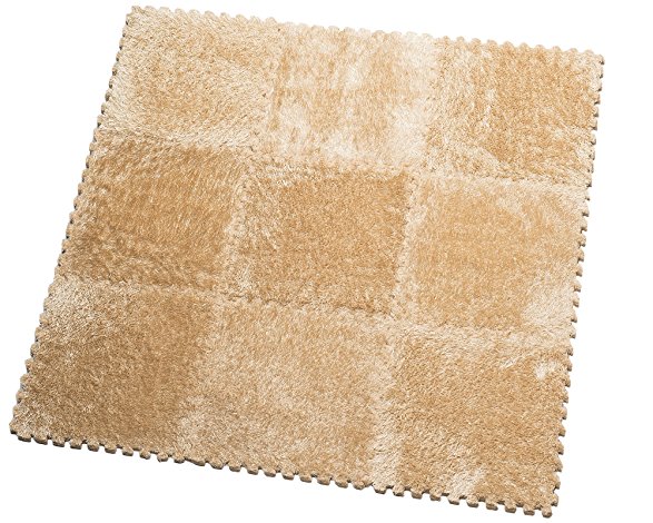 HemingWeigh Fuzzy Area Rug - 9 Fluffy Carpet Tiles for Kids - Ideal for Nursery Décor, Baby Room, Playroom and Kids Room. Plush, Velvet-like Texture, Anti-slip & Durable Rug (Sand)