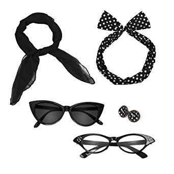 Retro 50's Costume Accessories Set Polka Dot Chiffon Scarf Cat Eye Glasses Bandana Tie Headband & Earrings