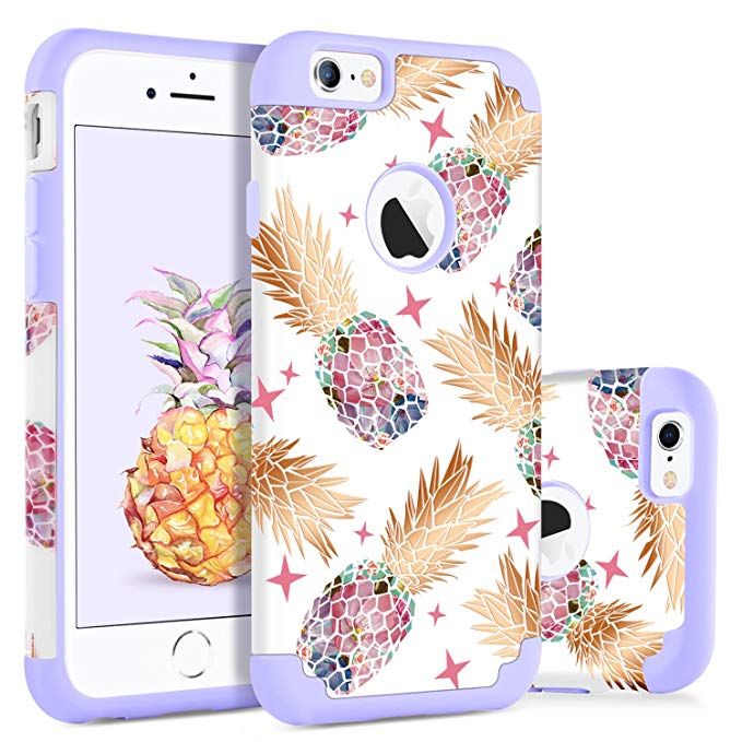 BENTOBEN Phone Case for iPhone 6S Plus/6 Plus Pretty Pineapple Protective Cell Phone Cases Heavy Duty Dual Layer 2 in 1 Hard PC Soft TPU Rubber Glossy Shockproof Cover for Girls, Women, White/Purple