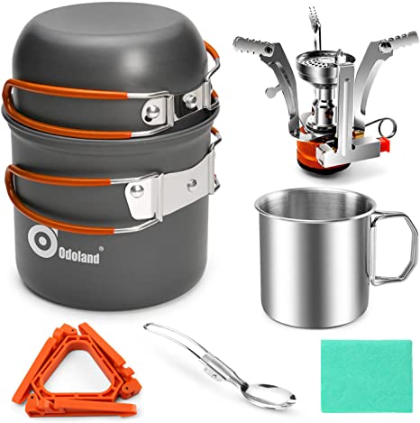 Odoland 8pcs Camping Cookware Mess Kit, Camping Pot and Pan Set with Mini Backpacking Stove, Stainless Steel Cup, Spork and Tank Bracket, Cooking Gear for Outdoor, Hiking, Picnic, Campfire