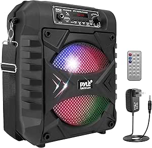 Pyle, Portable Bluetooth PA Speaker System – 300W Rechargeable Party Speaker, w/ 8” Subwoofer, AUX, Microphone in, Party Lights, MP3/USB, Radio, Remote Controller, Easily Portable with Handles & Strap