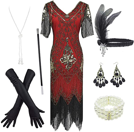 Women's 1920s Gatsby Inspired Sequin Beads Long Fringe Flapper Dress w/Accessories Set