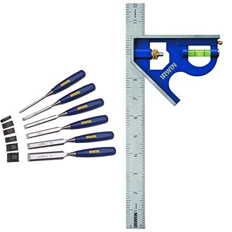IRWIN Marples Woodworking Chisel Set and Combination Square, Metal-Body