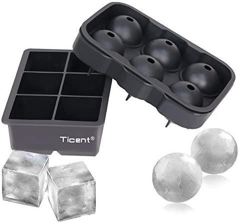 Ticent Ice Cube Trays (Set of 2), Silicone Sphere Whiskey Ice Ball Maker with Lids & Large Square Ice Cube Molds for Cocktails & Bourbon - Reusable & BPA Free
