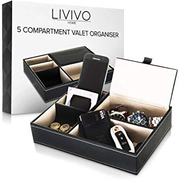 LIVIVO Deluxe 5 Compartment Valet Organiser Tray - Premium Quality Black Textured Leather Table Desktop Dresser Wallet Office Jewellery Storage Box with Faux Suede Lining Sloped Edges Hinged Lid