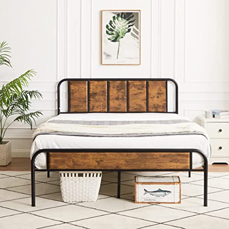 VECELO Queen Size Platform Bed Frame with Wood Headboard/Mattress Foundation/Premium Steel Slats Support/No Box Spring Needed,Brown(Industrial)