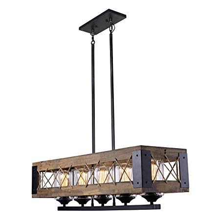 LALUZ 5-Light Farmhouse Kitchen Island Lighting Wood Chandeliers for Dining Rooms, A03145