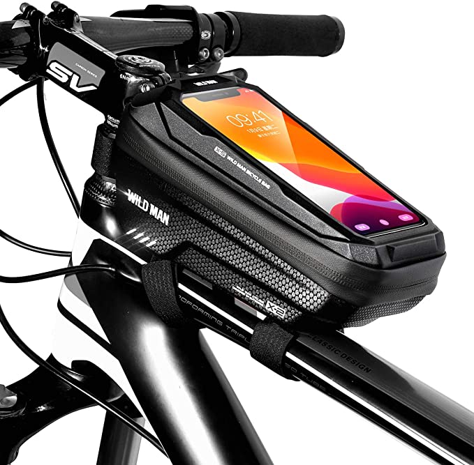 Faireach Bike Frame Bag with Mobile Phone Holder, Bicycle Top Tube Pouch, Waterproof Cell Phone Case Cycle Mount with Touch Screen Window, for iPhone Samsung Smart Phone up to 6.5''