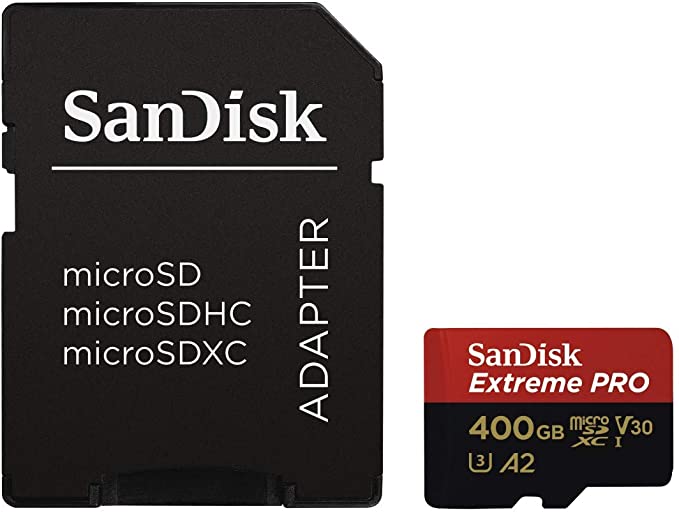 Sandisk Extreme Pro MicroSDXC, SQXCZ 400GB, V30, U3, C10, A2, UHS-I, 170MB/s R, 90MB/s , 4x6 SD Adaptor, Lifetime Limited, Red/Black (SDSQXCZ-400G-GN6)