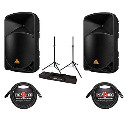 Behringer 2 Pack EUROLIVE B115D Active 1000-Watt 2-Way 15" PA Speaker System - Bundle with 2 Pack 15' 8mm XLR Microphone Cable, Ultimate JamStands JS-TS50 Tripod-Style Speaker Stand Pair