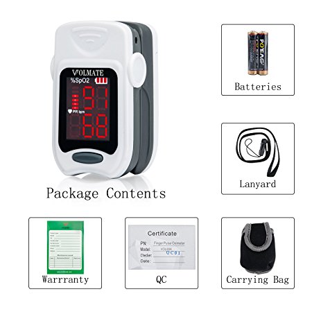 Volmate VOL60A Pulse Oximeter Finger Pulse Blood Oxygen SpO2 Monitor w/ carring case, landyard & Battery FDA CE Approved (White)