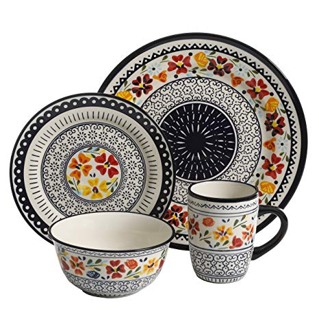 Gibson Elite 92995.16R Luxembourg Handpainted 16 Piece Dinnerware Set, Blue and Cream w/Floral Designs