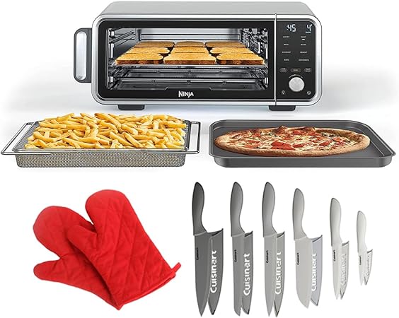 Ninja FT205CO Digital Air Fry Pro Countertop 8-in-1 Oven Extended Height (Renewed) Bundle with Pair of Red Heat Resistant Oven Mitt and Advantage 12-Piece Gray Knife Set with Blade Guards