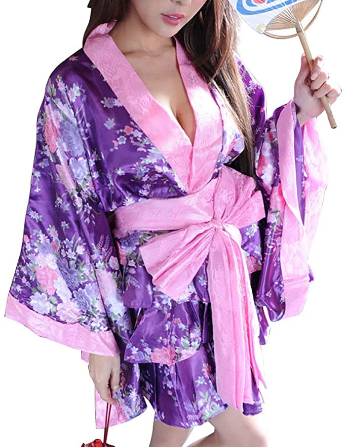 Women's Kimono Costume Adult Japanese Geisha Yukata Sweet Floral Patten Gown Blossom Satin Bathrobe Sleepwear with OBI Belt