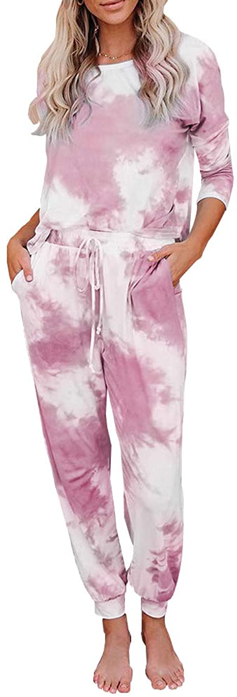 Womens Tie Dye Printed Short Sleeve Tops and Pants Long Pajamas Set Joggers 2 Piece PJ Sets Nightwear Sleepwear Loungewear