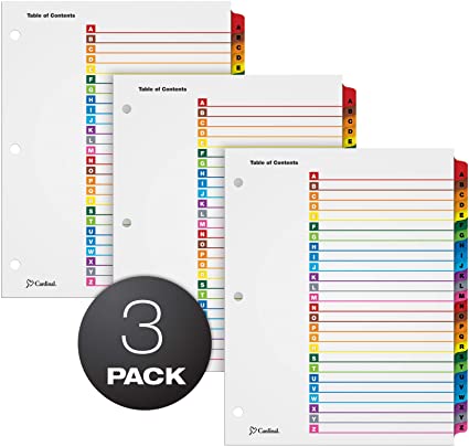 Cardinal A-Z Tab Dividers for 3 Ring Binders, Customizable Table of Contents Page with Multicolor A-Z Tabs, 3 Sets (63218)