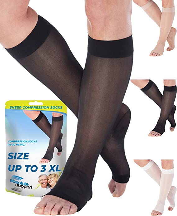 ABSOLUTE SUPPORT Made in USA - Size Large - Sheer Compression Socks for Women Circulation 15-20 mmHg with Open Toe - Lightweight Long Compression Knee High Support Stockings for Ladies Black