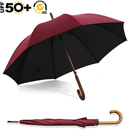 ABCCANOPY Umbrella Rain&Wind Teflon Repellent Wooden J Handle Classic Golf Umbrella Windproof UV Protection 50  Stick Umbrellas(Wooden Red)