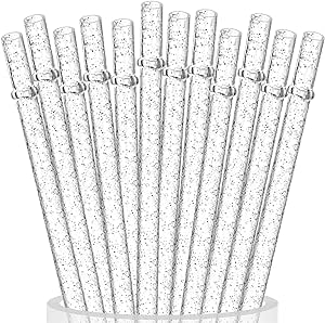 ALINK 12-Pack Reusable Clear Plastic Glitter Straws, 11" Long Hard Tumbler Replacement Straws for 20 OZ 30 OZ Stanley, Yeti/Rtic, Mason Jars with Cleaning Brush