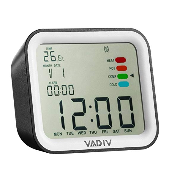 VADIV Mini Alarm Clock Loud Travel Bedside Clock Digital LCD Display Bell Dual Alarm with Snooze Temperature Date Weekday for Kids Bedroom