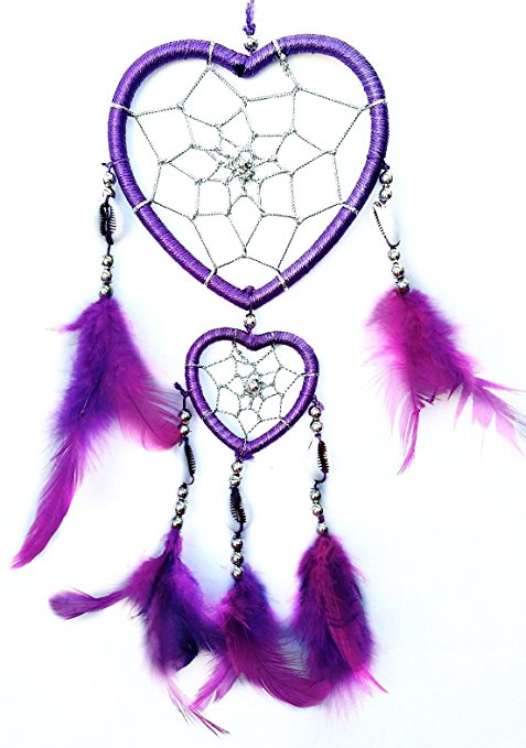 Cool & Custom {4.5" x 13" String Hang} Single Unit of Rear View Mirror Hanging Ornament Decoration Made of String w/ Handmade Native American Heart Dream-catcher w/ Feathers Design [Purple & White]