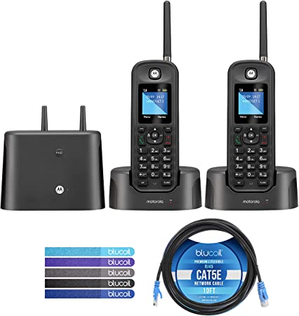 Motorola O212 DECT 6.0 Long Range Cordless Phones with Digital Answering Machine and Inductive Charging Station (2-Pack) Bundle with Blucoil 10-FT 1 Gbps Cat5e Cable, and Reusable Cable Ties (5-Pack)